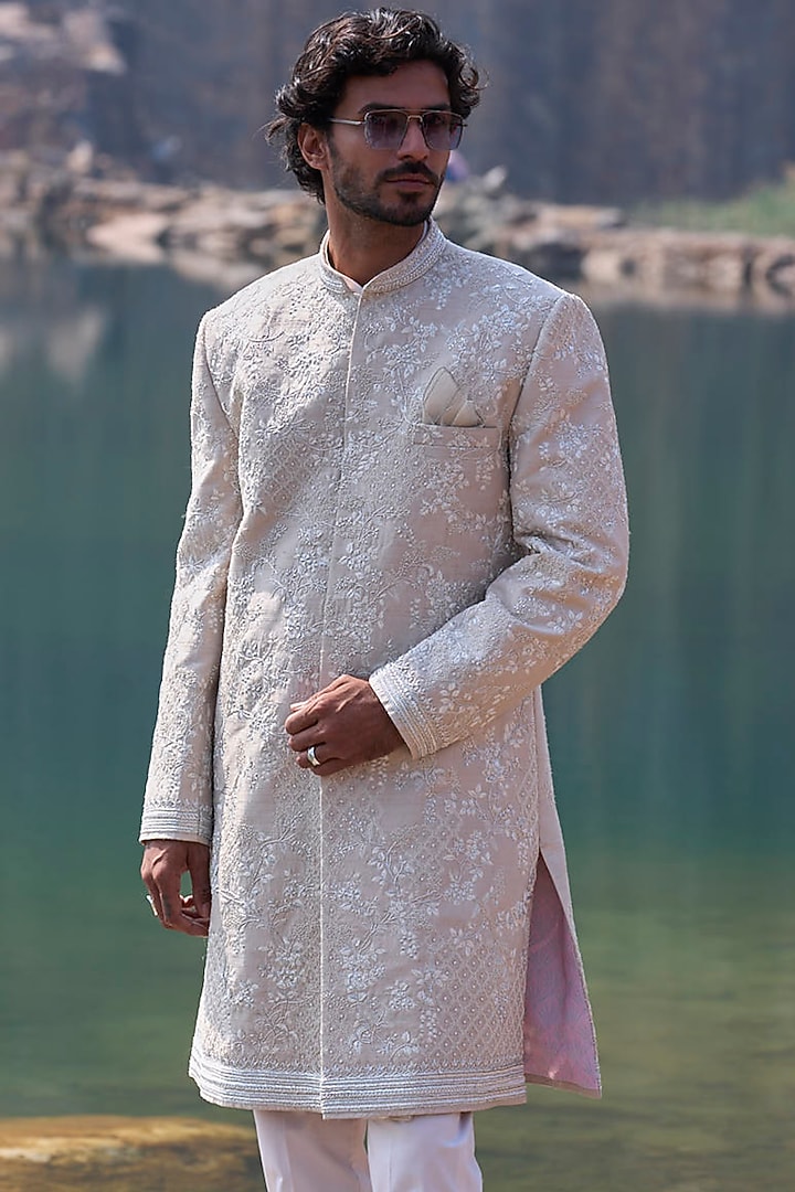 Ivory Raw Silk Zardosi Embroidered Groom Sherwani Set by Anushree Reddy Men at Pernia's Pop Up Shop