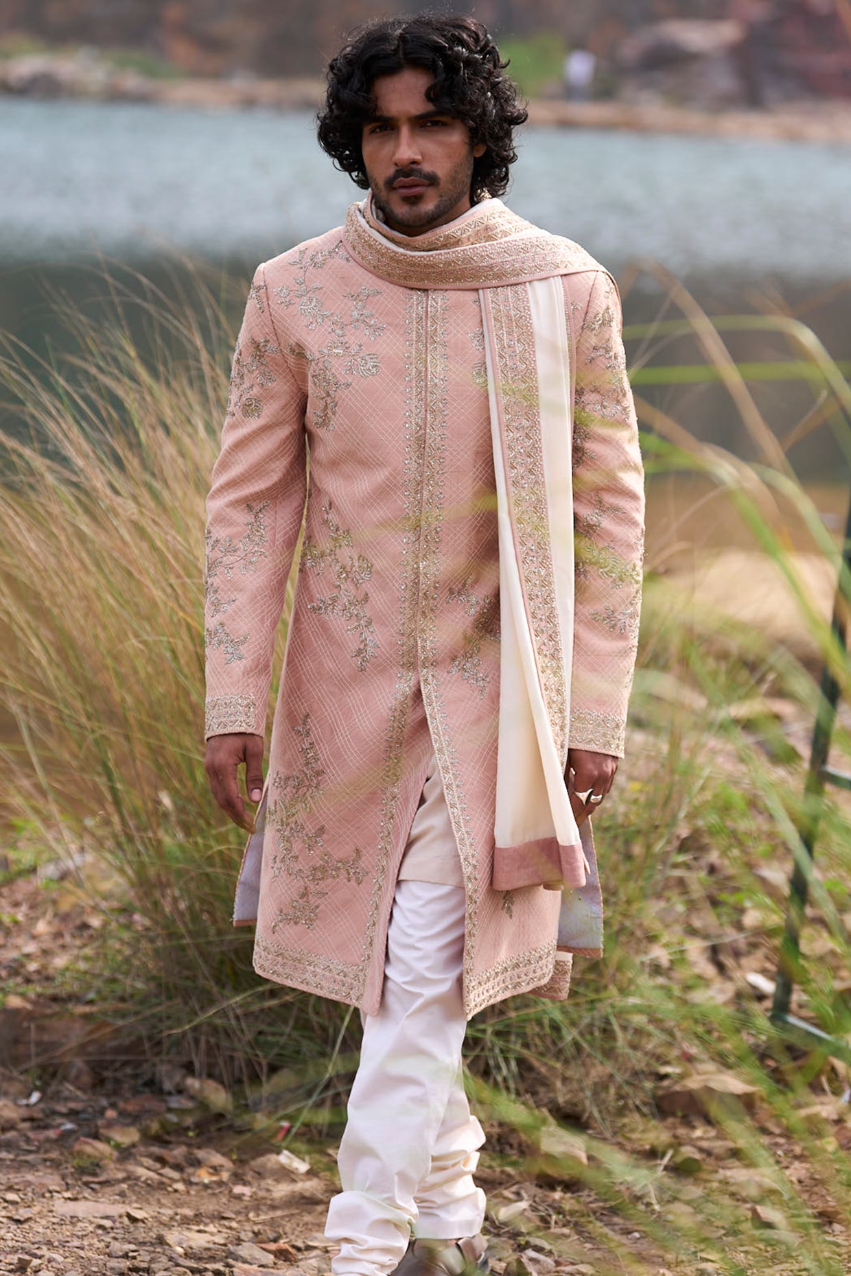 Anushree Reddy Dusty Rose Raw Silk Sherwani Set