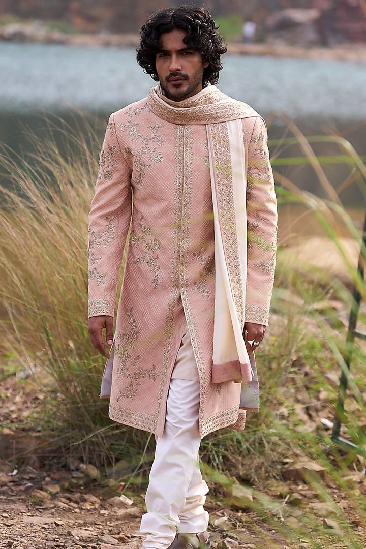 Dusty Rose Raw Silk Groom Sherwani Set by Anushree Reddy Men at Pernia's Pop Up Shop