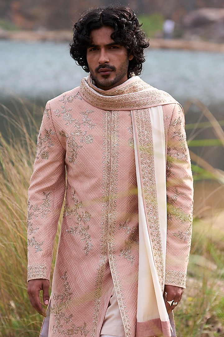 Dusty Rose Raw Silk Groom Sherwani Set by Anushree Reddy Men at Pernia's Pop Up Shop