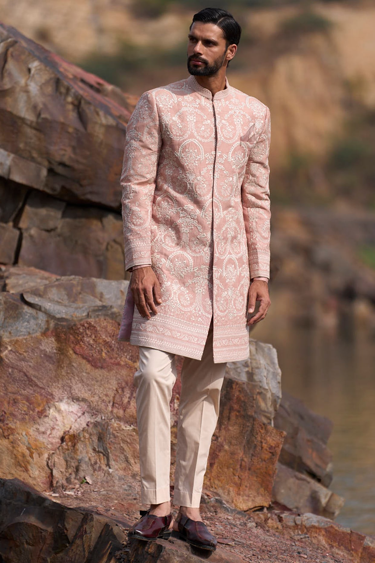 Anushree Reddy Dusty Rose Raw Silk Thread Embroidered Sherwani Set