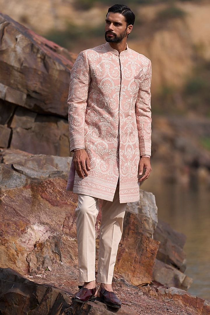 Dusty Rose Raw Silk Thread Embroidered Groom Sherwani Set by Anushree Reddy Men at Pernia's Pop Up Shop