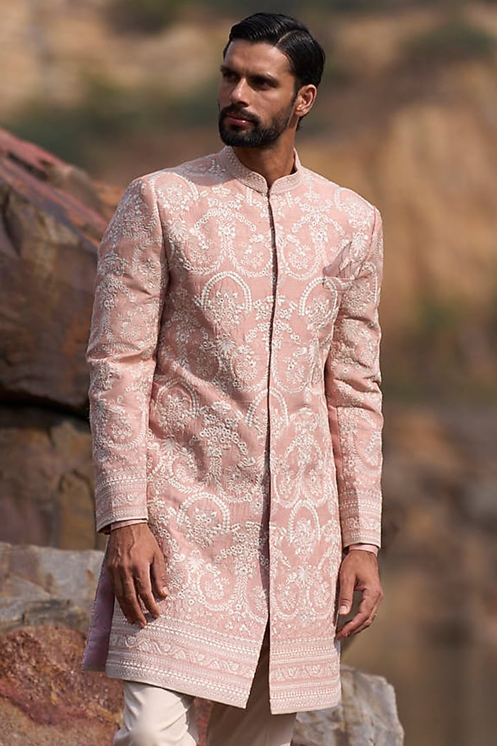 Dusty Rose Raw Silk Thread Embroidered Groom Sherwani Set by Anushree Reddy Men at Pernia's Pop Up Shop