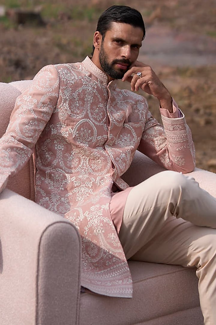 Dusty Rose Raw Silk Thread Embroidered Groom Sherwani Set by Anushree Reddy Men at Pernia's Pop Up Shop