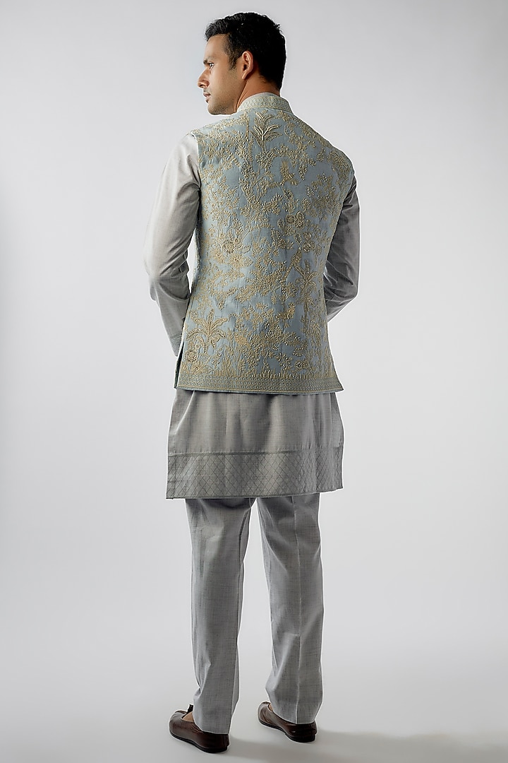 Sky Blue Raw Silk Embroiderd Bundi Jacket Set by Anushree Reddy Men at Pernia's Pop Up Shop