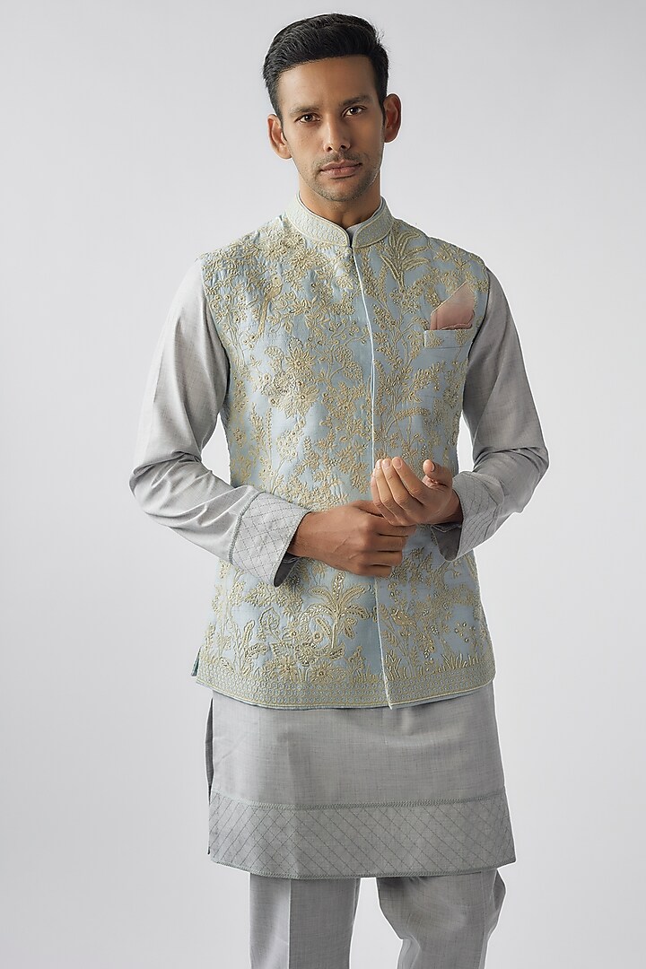 Sky Blue Raw Silk Embroiderd Bundi Jacket Set by Anushree Reddy Men at Pernia's Pop Up Shop