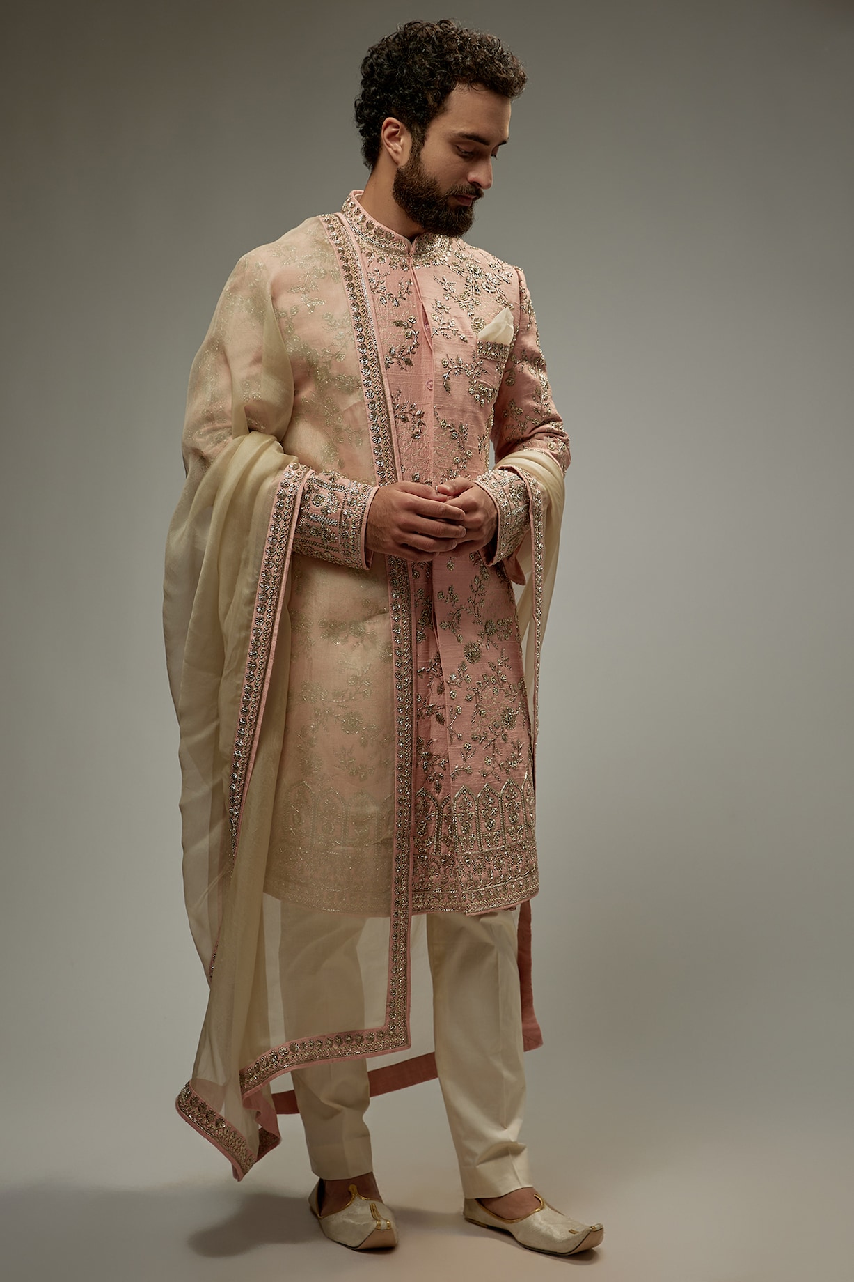 Pastel Pink Raw Silk Embroidered Sherwani Set by Anushree Reddy Men