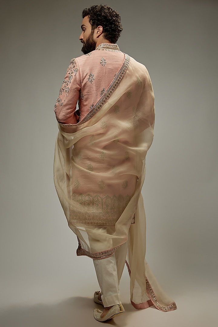 Pastel Pink Raw Silk Embroidered Sherwani Set by Anushree Reddy Men