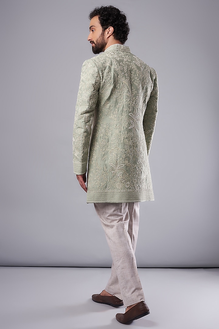 Olive Green Raw Silk Zardosi Embroidered Groom Sherwani Set by Anushree Reddy Men at Pernia's Pop Up Shop
