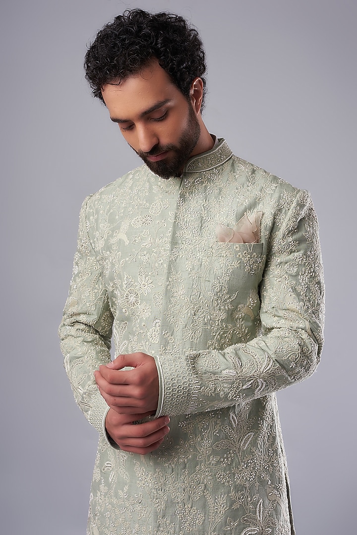 Olive Green Raw Silk Zardosi Embroidered Groom Sherwani Set by Anushree Reddy Men at Pernia's Pop Up Shop
