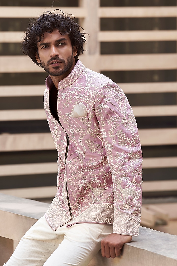 Onion Pink Raw Silk Groom Bandhgala Set  by Anushree Reddy Men at Pernia's Pop Up Shop