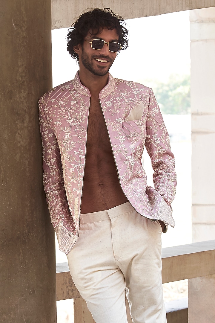 Onion Pink Raw Silk Groom Bandhgala Set  by Anushree Reddy Men at Pernia's Pop Up Shop