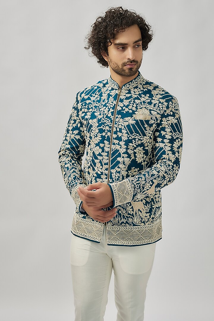 Midnight Blue Raw Silk Groom Bandhgala Set by Anushree Reddy Men at Pernia's Pop Up Shop