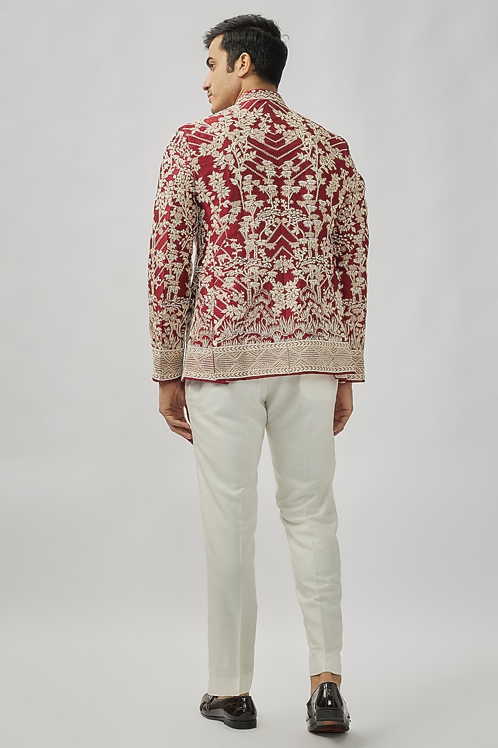 Cherry Red Raw Silk Groom Bandhgala Set by Anushree Reddy Men at Pernia's Pop Up Shop