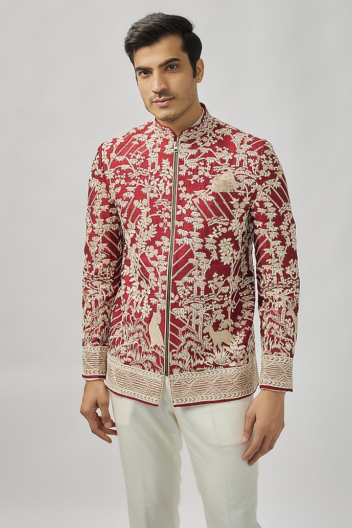 Cherry Red Raw Silk Groom Bandhgala Set by Anushree Reddy Men at Pernia's Pop Up Shop