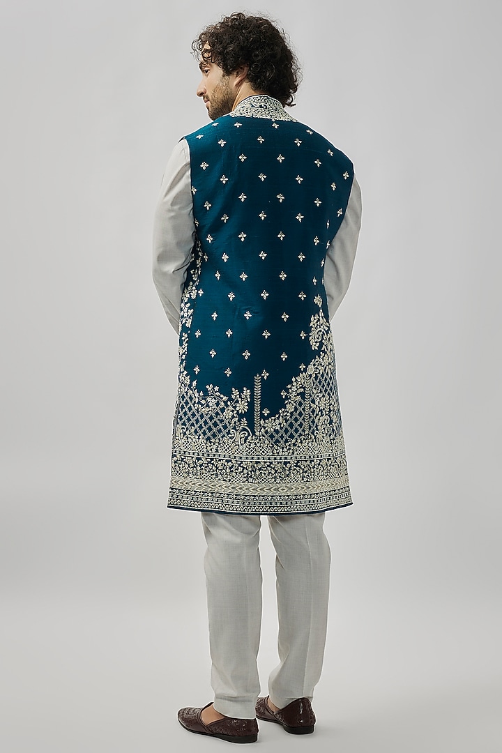 Navy Blue Raw Silk Groom Indowestern Set by Anushree Reddy Men at Pernia's Pop Up Shop