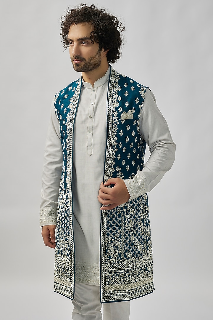 Navy Blue Raw Silk Groom Indowestern Set by Anushree Reddy Men at Pernia's Pop Up Shop