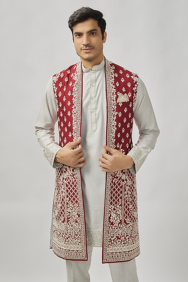Cherry Red Raw Silk Groom Indowestern Set by Anushree Reddy Men at Pernia's Pop Up Shop