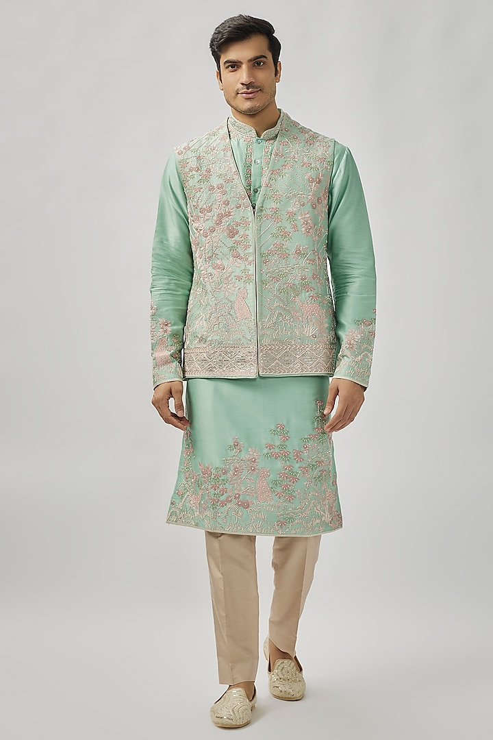 Light Green Raw Silk Indowestern Set by Anushree Reddy Men