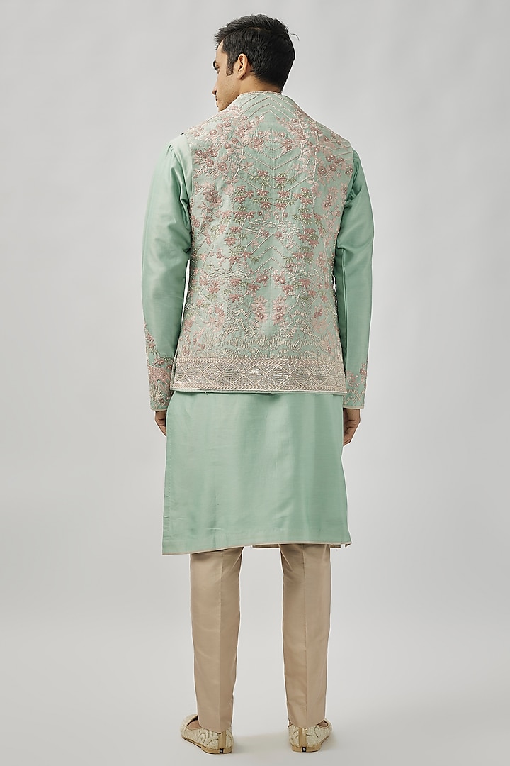 Light Green Raw Silk Groom Indowestern Set by Anushree Reddy Men at Pernia's Pop Up Shop