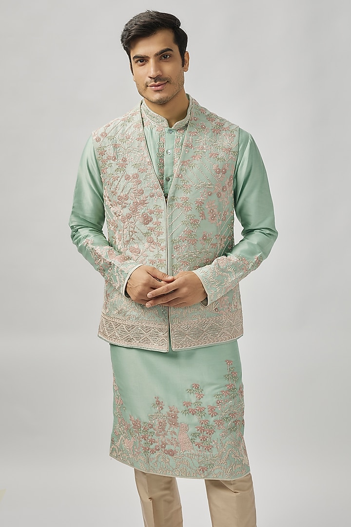 Light Green Raw Silk Groom Indowestern Set by Anushree Reddy Men at Pernia's Pop Up Shop