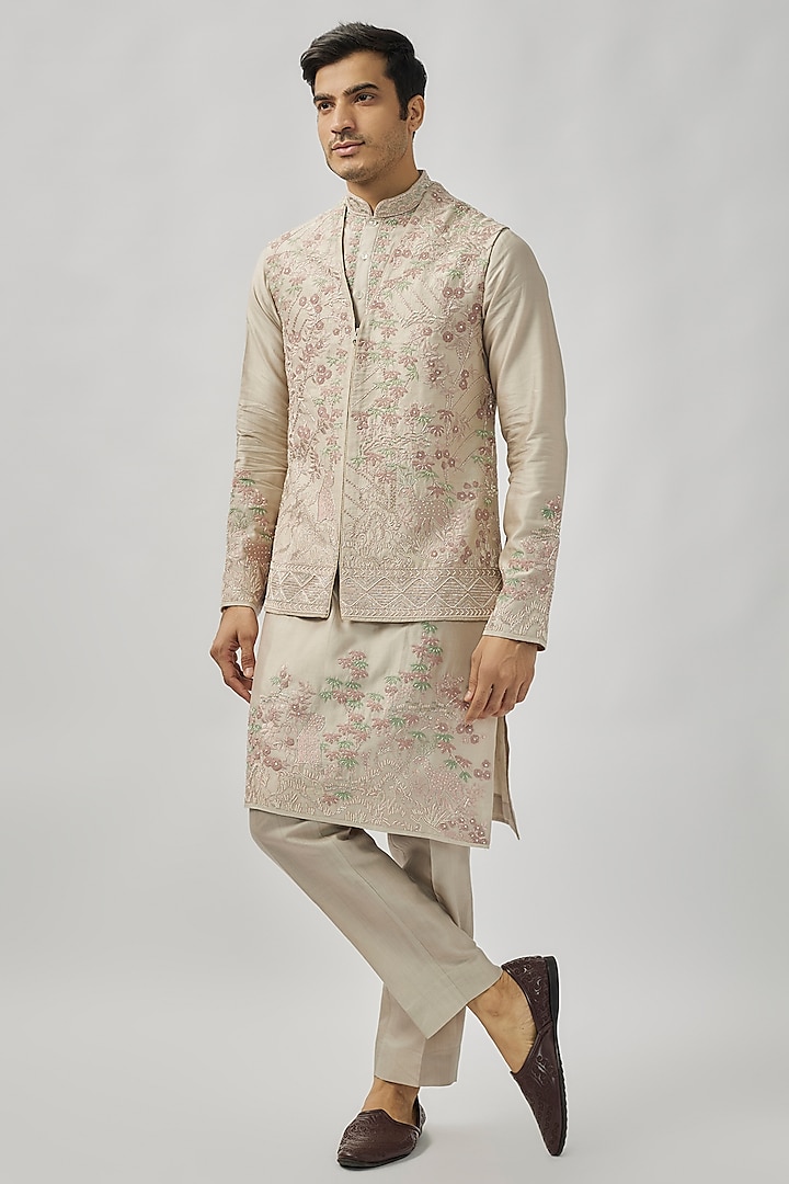 Ivory Raw Silk Indowestern Set by Anushree Reddy Men