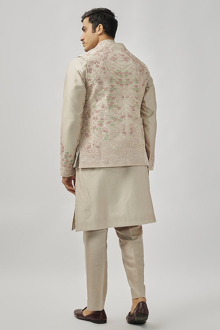 Ivory Raw Silk Groom Indowestern Set by Anushree Reddy Men at Pernia's Pop Up Shop