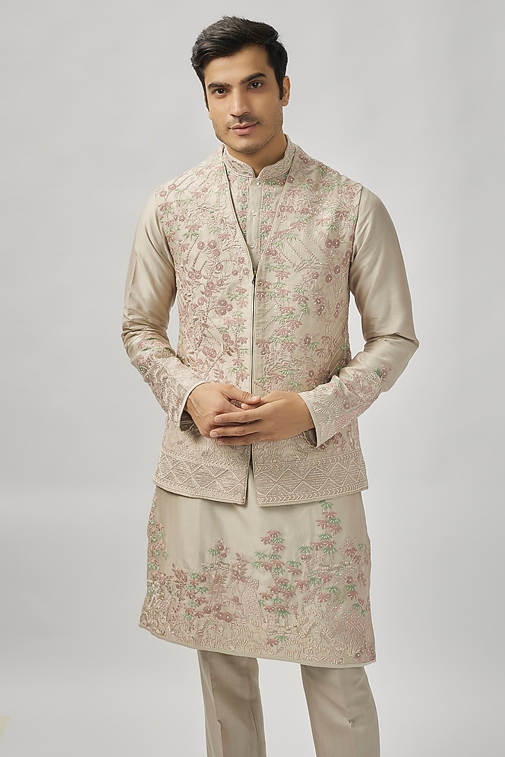 Ivory Raw Silk Groom Indowestern Set by Anushree Reddy Men at Pernia's Pop Up Shop