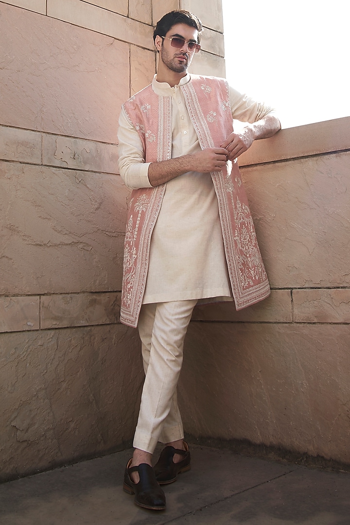 Dusty Rose Raw Silk Embroidered Indowestern Set by Anushree Reddy Men