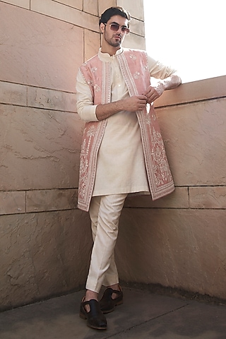 Dusty Rose Raw Silk Embroidered Indowestern Set by Anushree Reddy Men