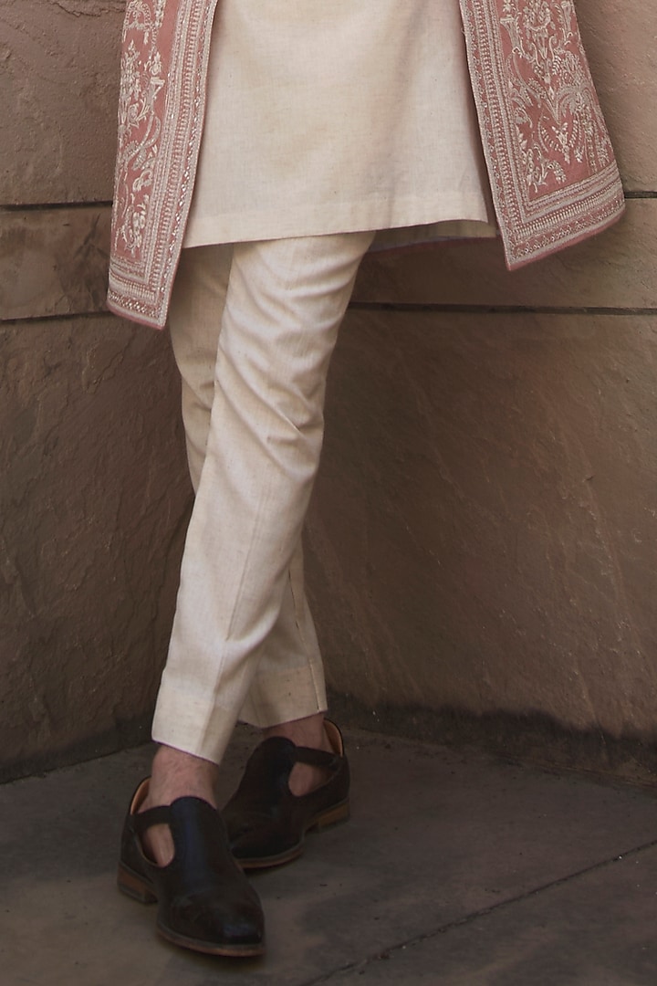 Dusty Rose Raw Silk Embroidered Groom Indowestern Set by Anushree Reddy Men at Pernia's Pop Up Shop