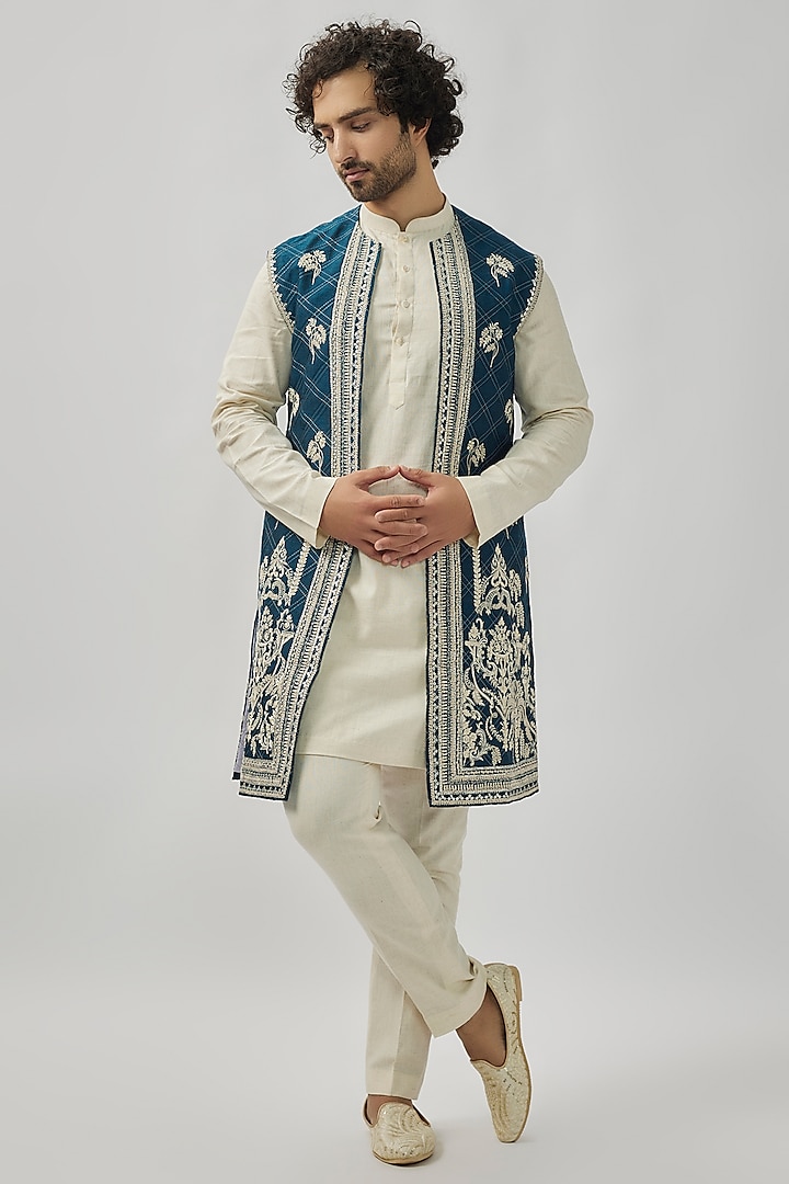 Midnight Blue Raw Silk Indowestern Set by Anushree Reddy Men