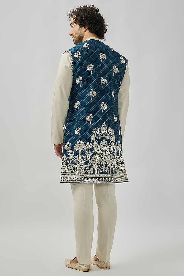 Midnight Blue Raw Silk Groom Indowestern Set by Anushree Reddy Men at Pernia's Pop Up Shop
