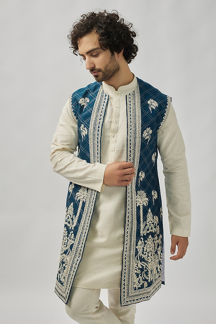 Midnight Blue Raw Silk Groom Indowestern Set by Anushree Reddy Men at Pernia's Pop Up Shop