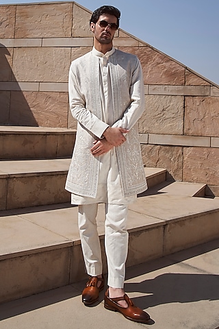 Ivory  Raw Silk Embroidered Indowestern Set by Anushree Reddy Men