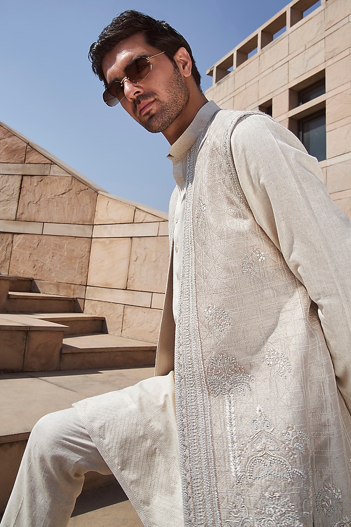 Ivory  Raw Silk Embroidered Groom Indowestern Set by Anushree Reddy Men at Pernia's Pop Up Shop