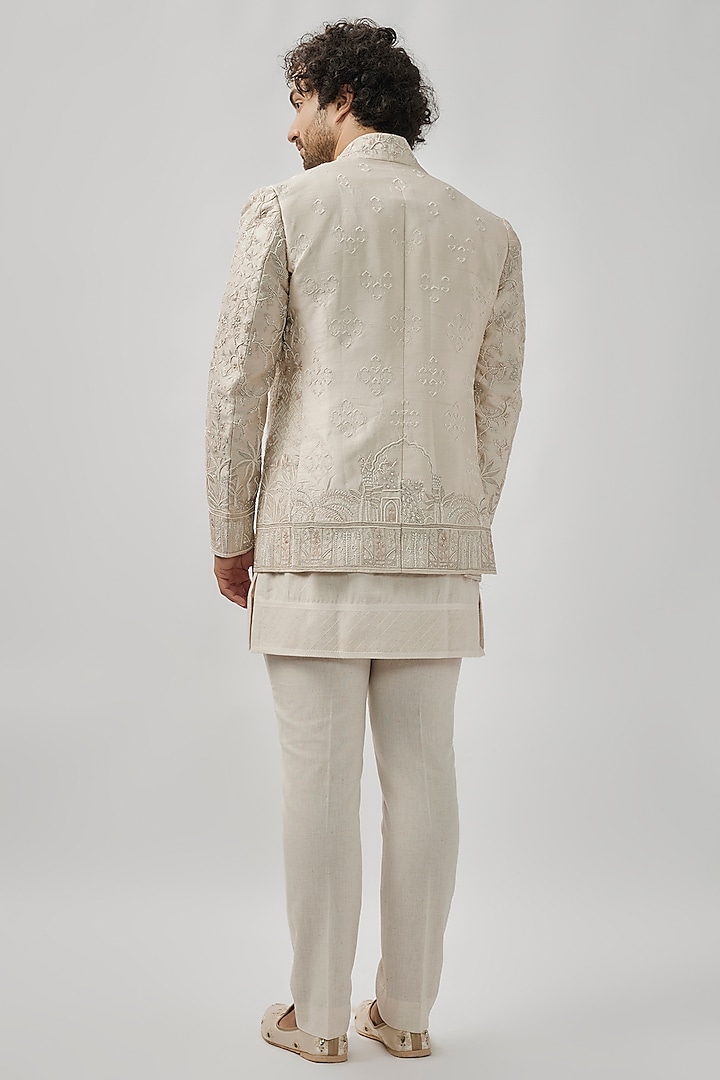 Ivory Raw Silk Groom Indowestern Set by Anushree Reddy Men at Pernia's Pop Up Shop