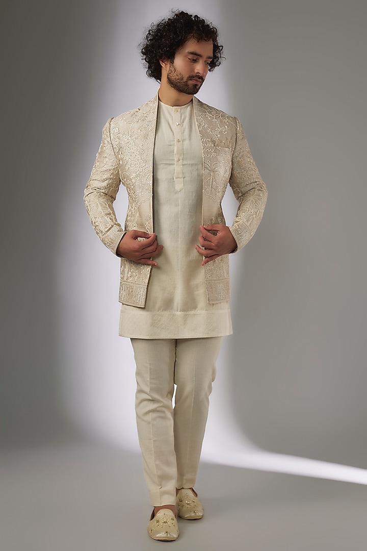 Ivory Raw Silk Embroidered Indowestern Set by Anushree Reddy Men