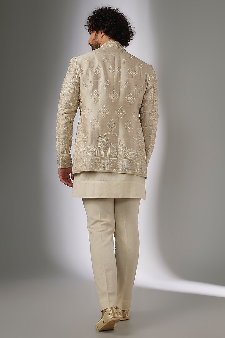 Ivory Raw Silk Embroidered Indowestern Set by Anushree Reddy Men at Pernia's Pop Up Shop