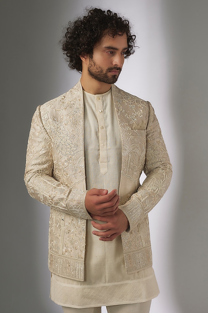 Ivory Raw Silk Embroidered Indowestern Set by Anushree Reddy Men at Pernia's Pop Up Shop