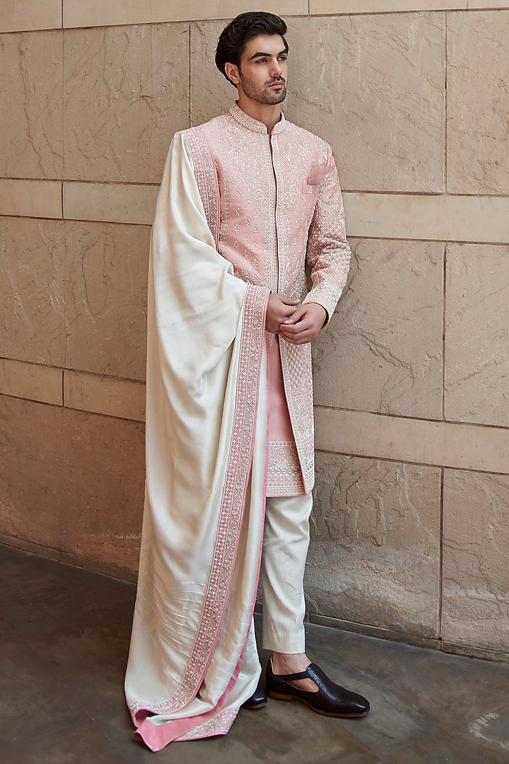 Soft Pink Raw Silk Groom Sherwani Set by Anushree Reddy Men at Pernia's Pop Up Shop