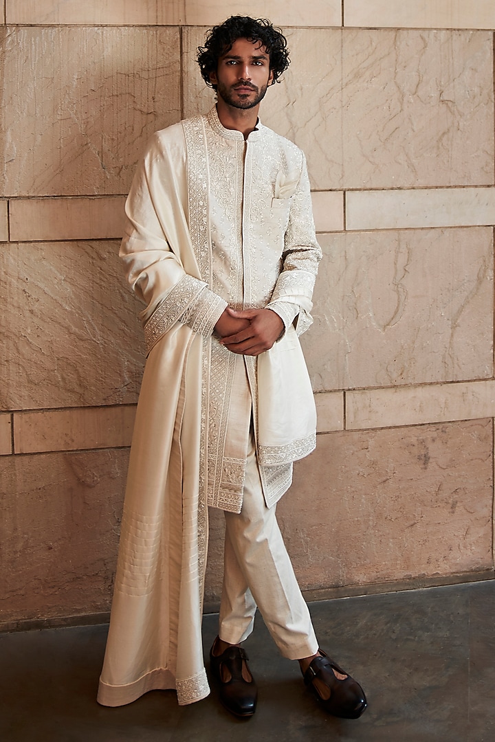 Ivory Raw Silk Sherwani Set by Anushree Reddy Men