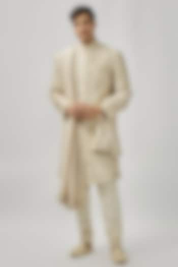 Ivory Raw Silk Sherwani Set by Anushree Reddy Men