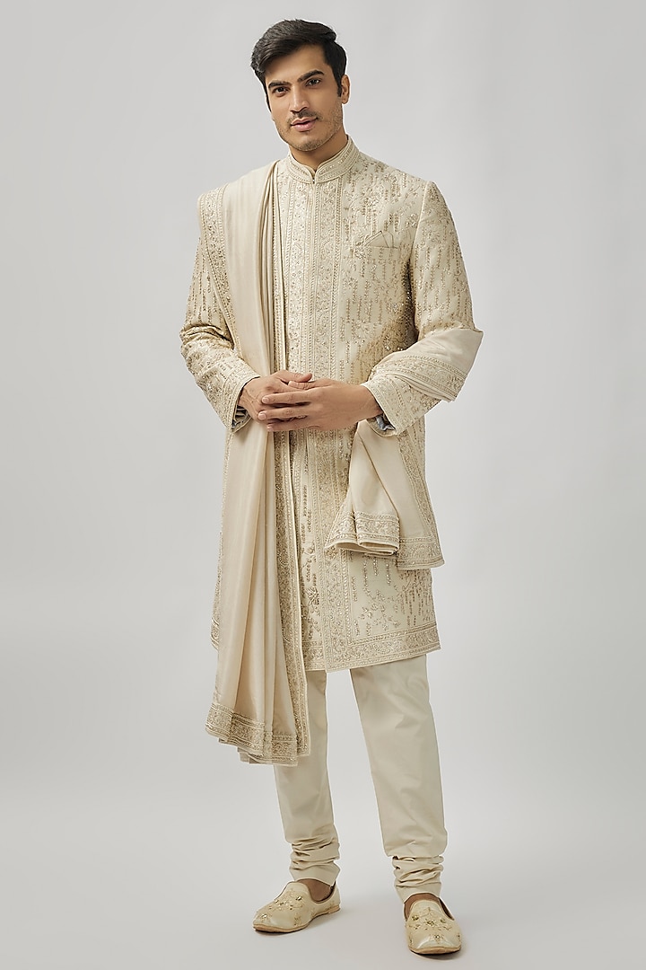 Ivory Raw Silk Sherwani Set by Anushree Reddy Men