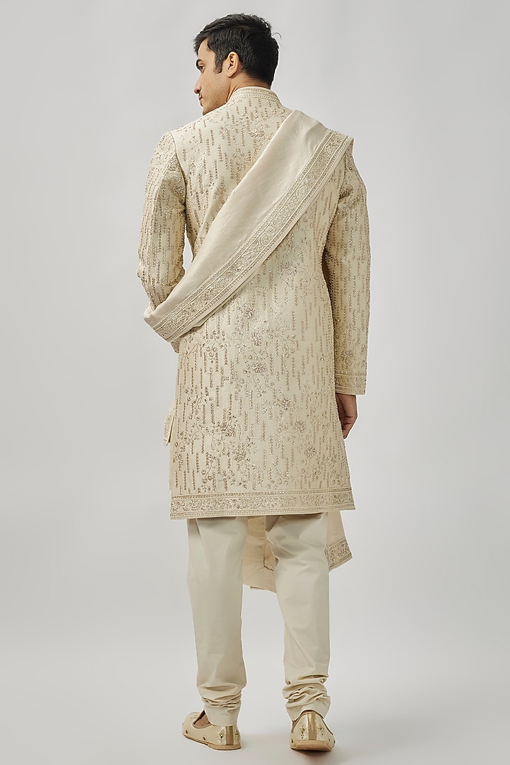 Ivory Raw Silk Groom Sherwani Set by Anushree Reddy Men at Pernia's Pop Up Shop