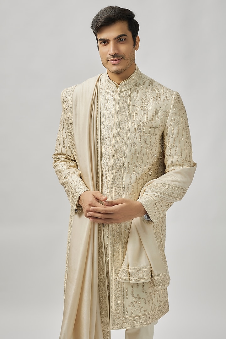 Ivory Raw Silk Groom Sherwani Set by Anushree Reddy Men at Pernia's Pop Up Shop