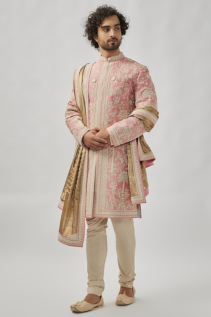 Dusty Rose Raw Silk Sherwani Set by Anushree Reddy Men