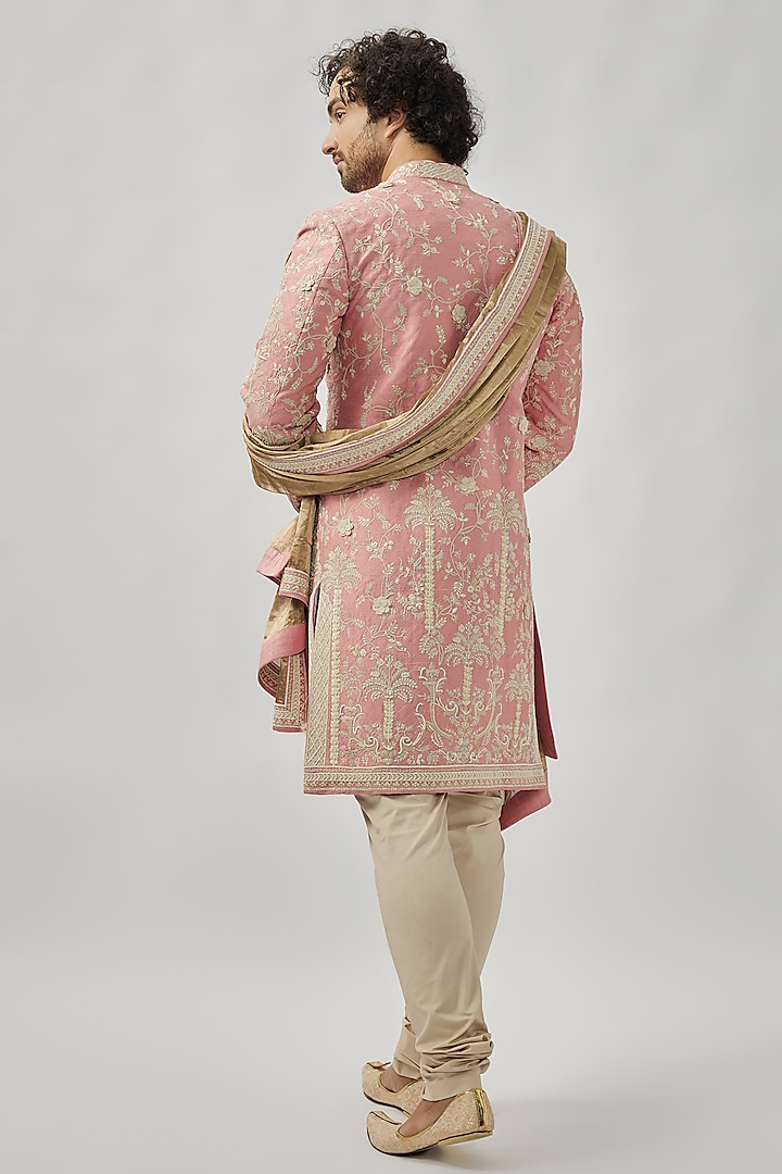 Dusty Rose Raw Silk Groom Sherwani Set by Anushree Reddy Men at Pernia's Pop Up Shop