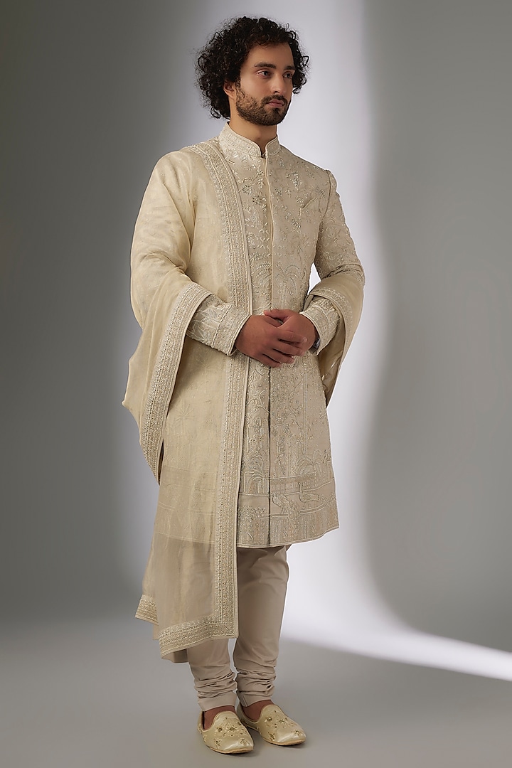 Ivory Raw Silk Embroidered Sherwani Set by Anushree Reddy Men