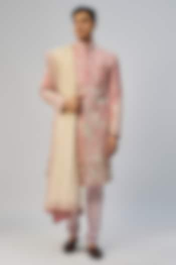 Pink Raw Silk Embroidered Sherwani Set by Anushree Reddy Men